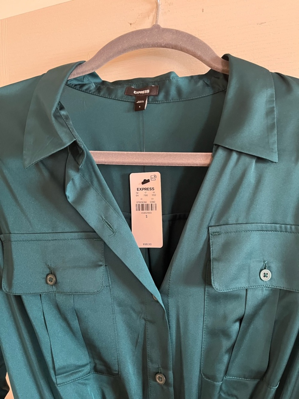 Express Teal Long-Sleeve Shirtwaist Jumpsuit with Drawstring Waist - Picture 3 of 4